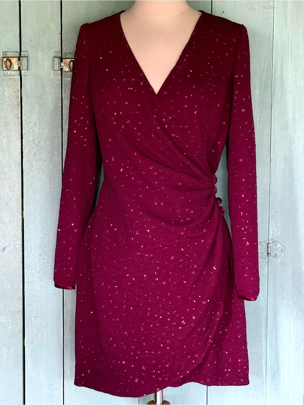 VTG 70's Morton Myles Sparkle Cocktail Wrap Ruched Dress Pebble Knit Maroon 10